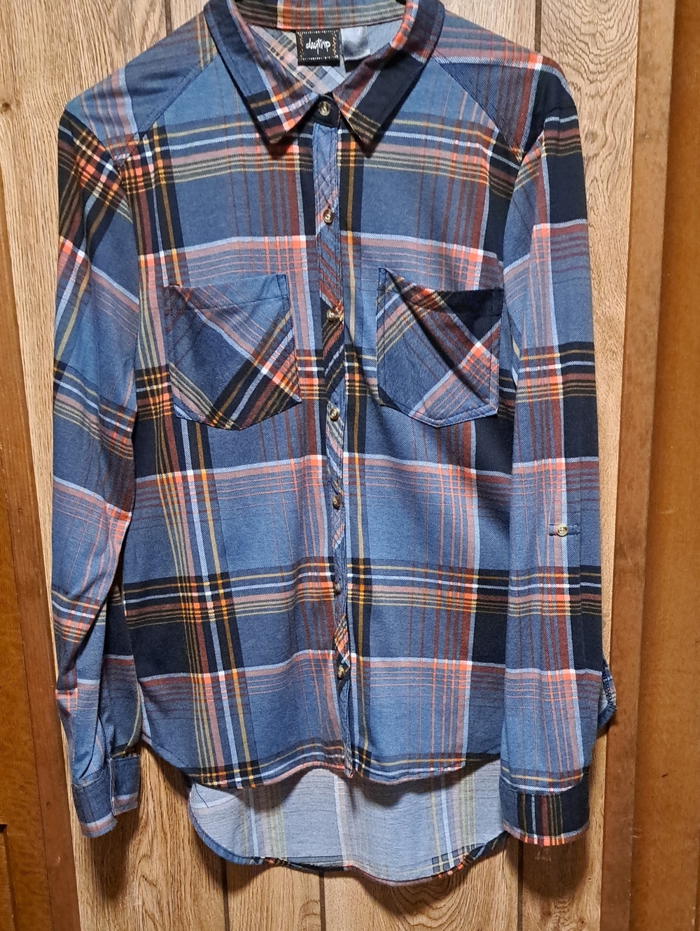 Daytrip Blue, Orange, Black,White Plaid Women's L Button-Down Long Sleeve Shirt